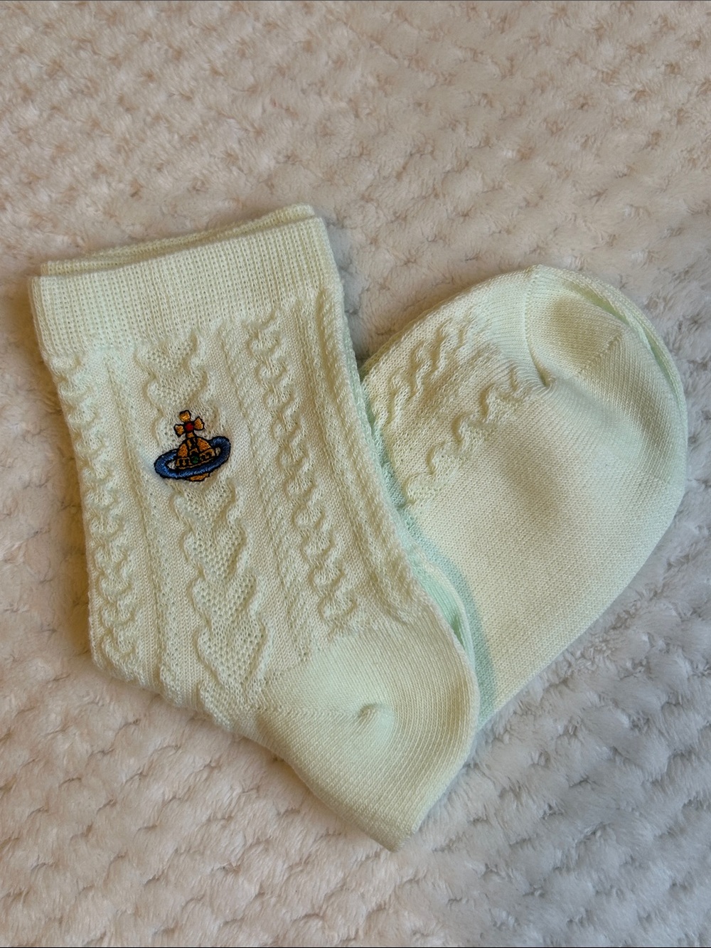 NWOT Vivienne Westwood Unisex Cable Knit Crew Socks With Orb Logo - Mint Green - Picture 2 of 7
